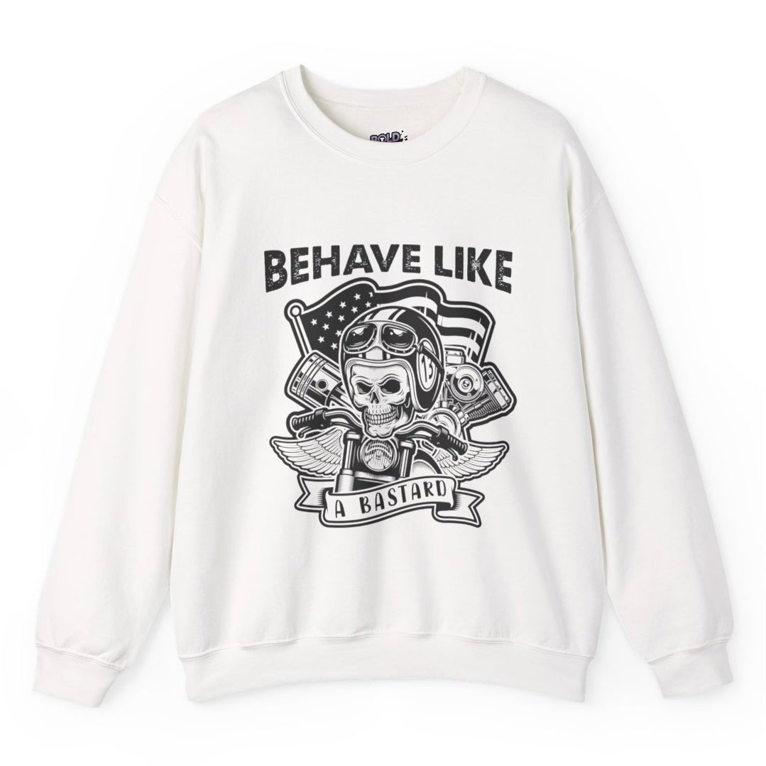 Behave Like a Bastard Skull Biker Crewneck Sweatshirt - Bold Printed Tees