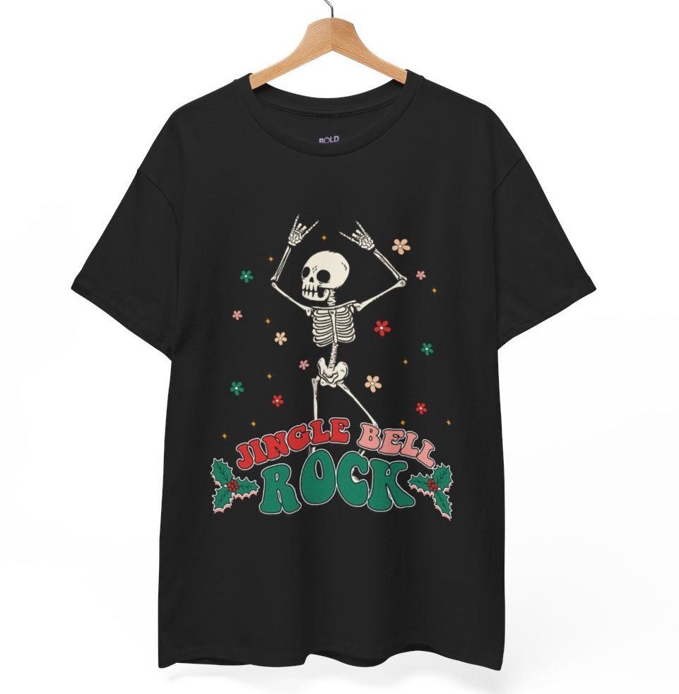 Jingle Bell Rock Skeleton Holiday T-Shirt - Bold Printed Tees