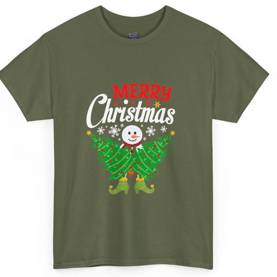 Merry Christmas Snowman Tree Graphic Tee - Bold Printed Tees