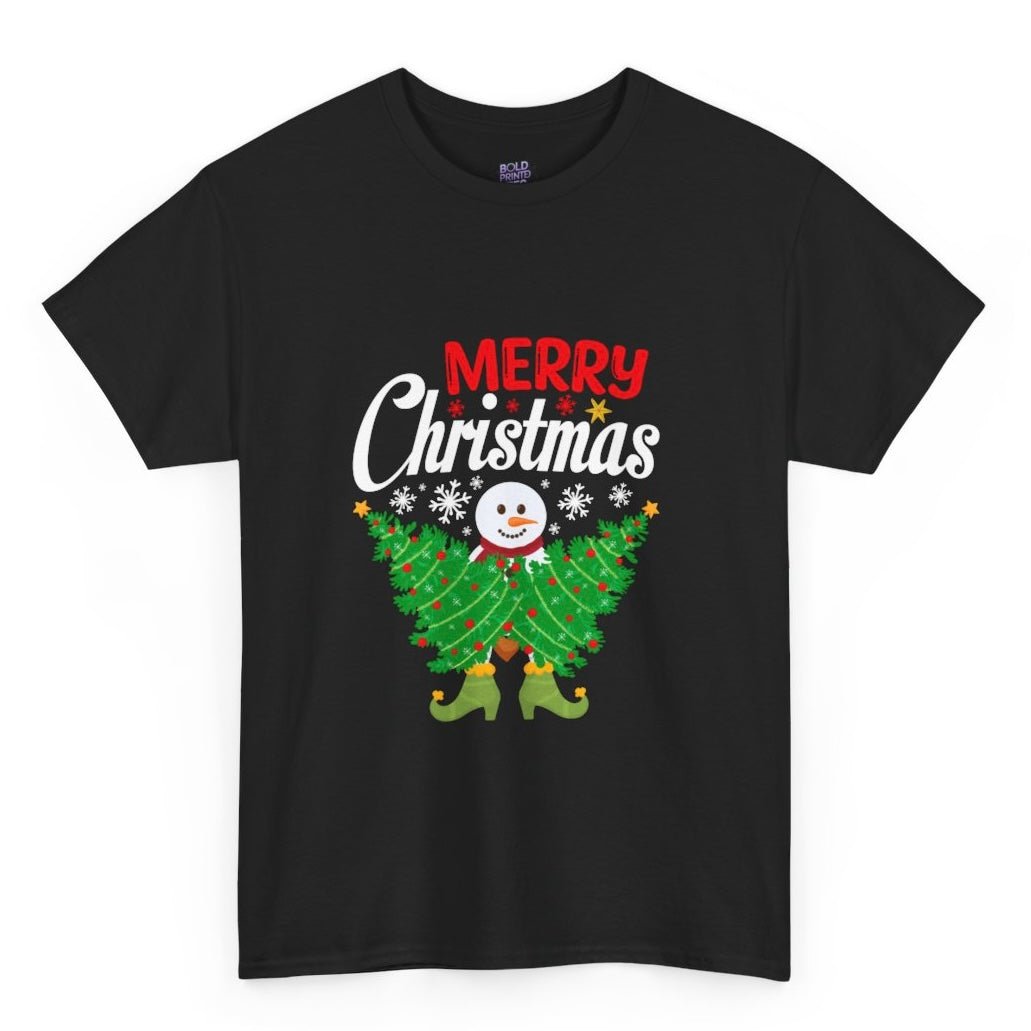 Merry Christmas Snowman Tree Graphic Tee - Bold Printed Tees