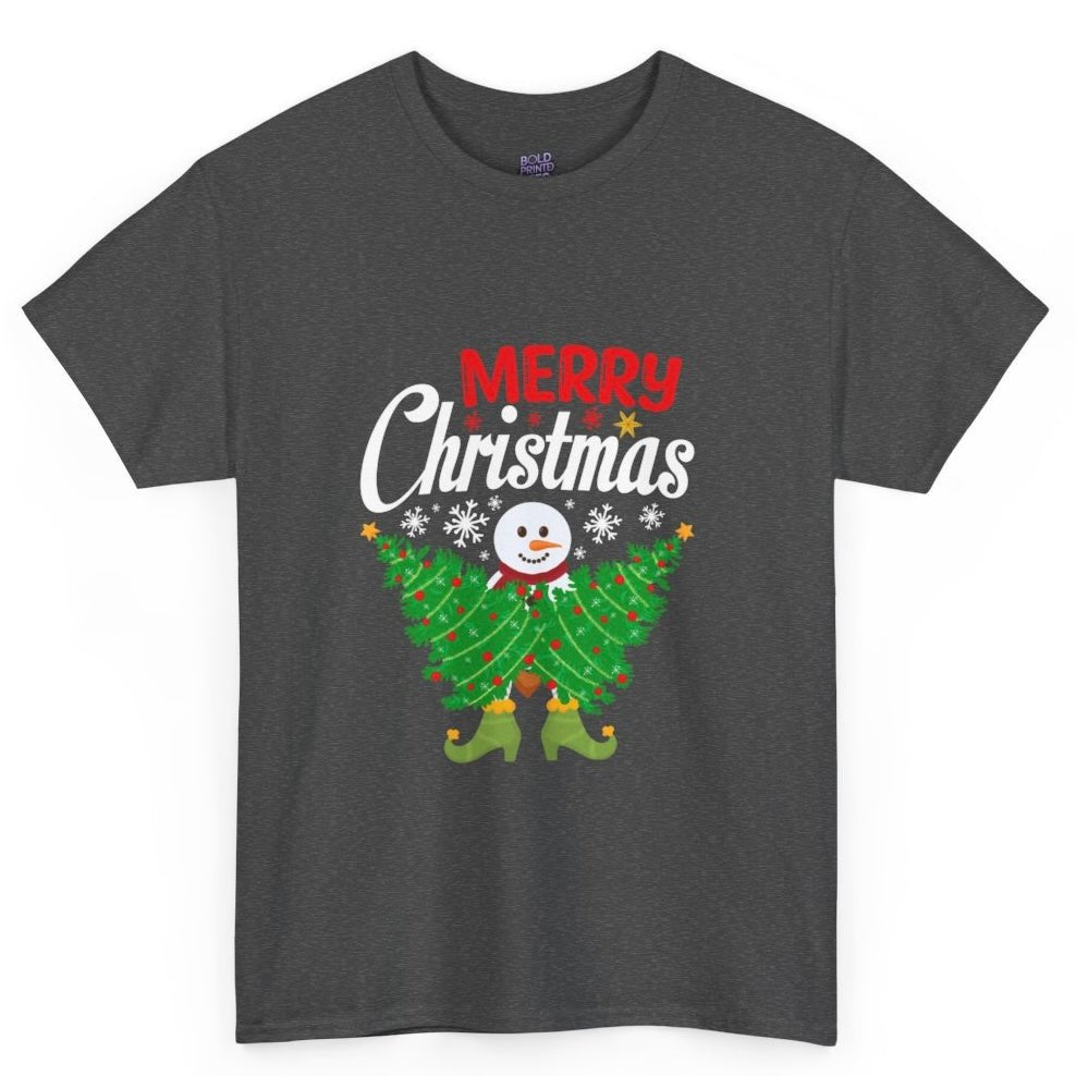 Merry Christmas Snowman Tree Graphic Tee - Bold Printed Tees