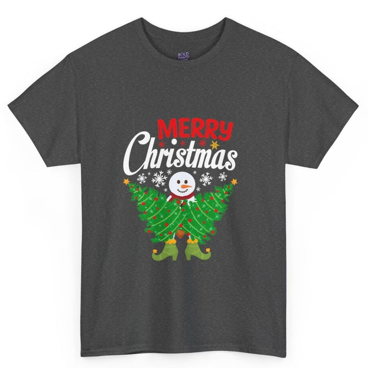 Merry Christmas Snowman Tree Graphic Tee - Bold Printed Tees