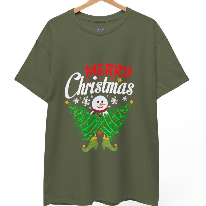 Merry Christmas Snowman Tree Graphic Tee - Bold Printed Tees