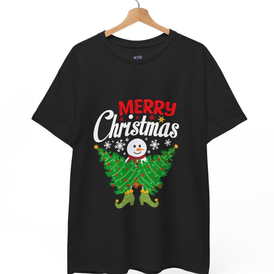 Merry Christmas Snowman Tree Graphic Tee - Bold Printed Tees