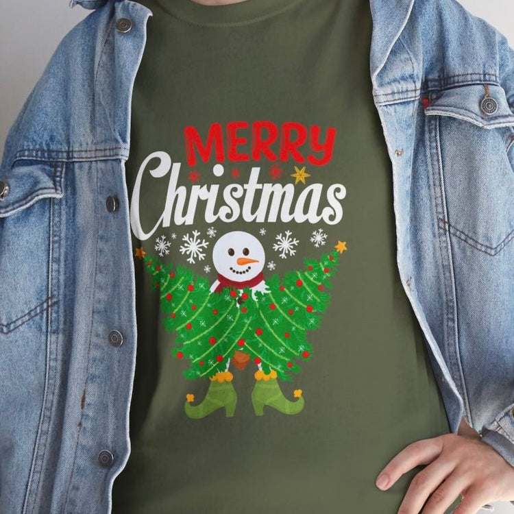 Merry Christmas Snowman Tree Graphic Tee - Bold Printed Tees