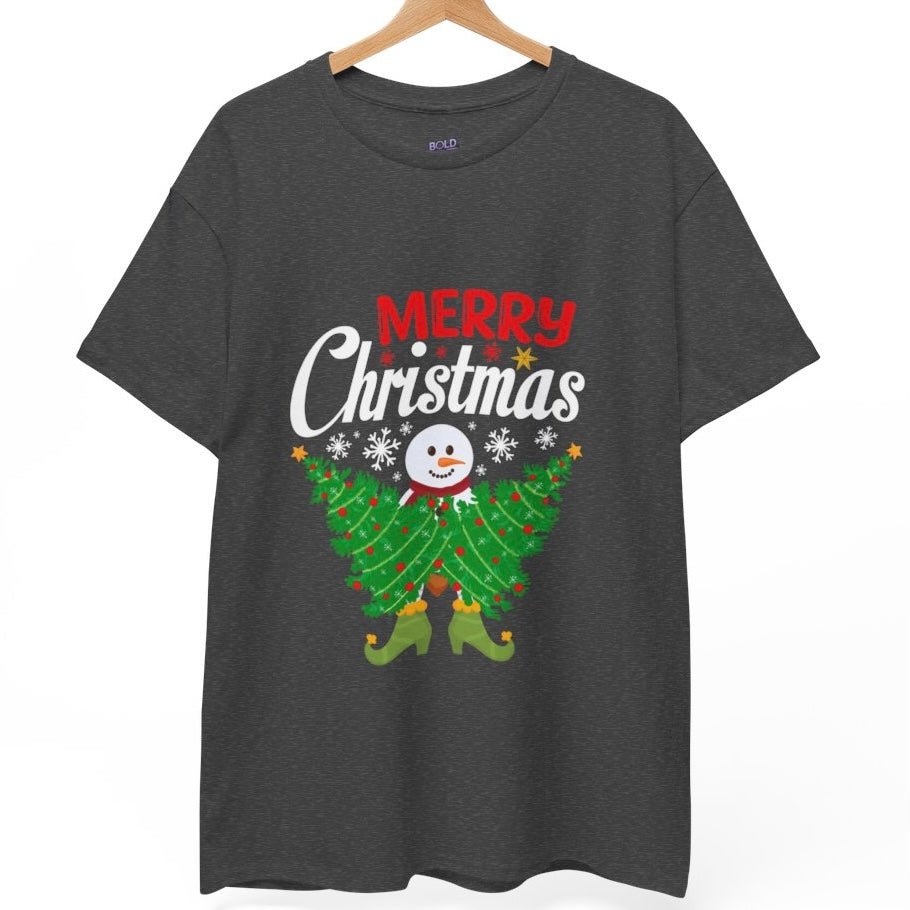 Merry Christmas Snowman Tree Graphic Tee - Bold Printed Tees