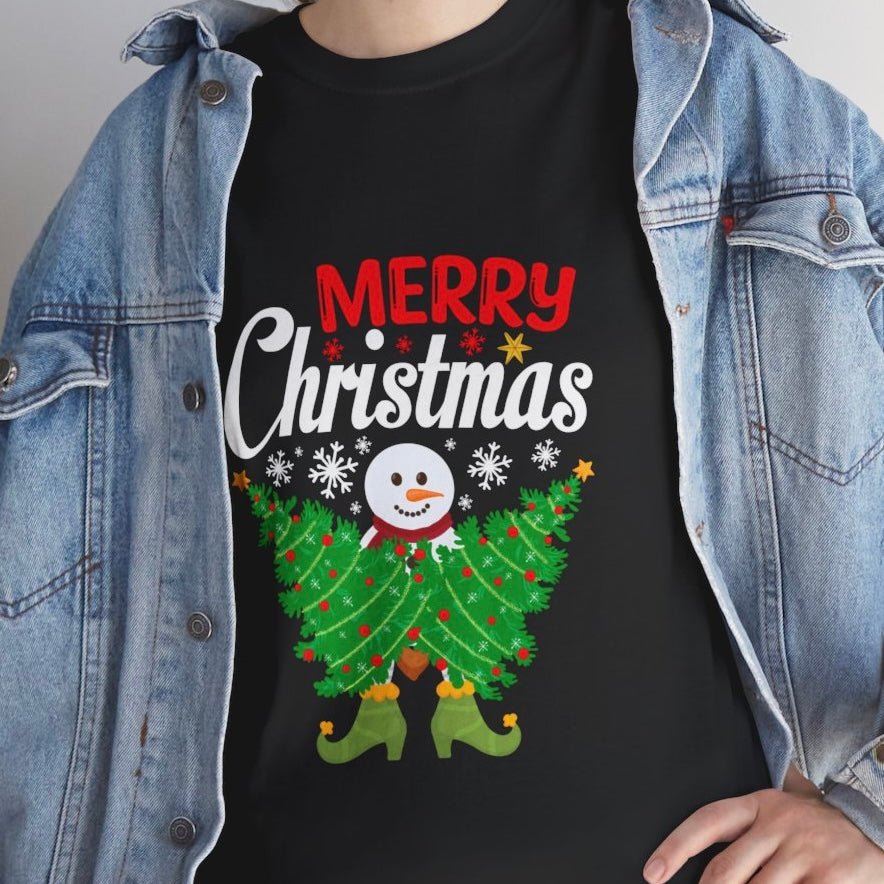 Merry Christmas Snowman Tree Graphic Tee - Bold Printed Tees