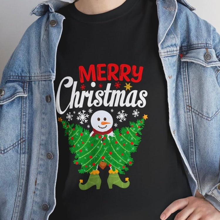 Merry Christmas Snowman Tree Graphic Tee - Bold Printed Tees
