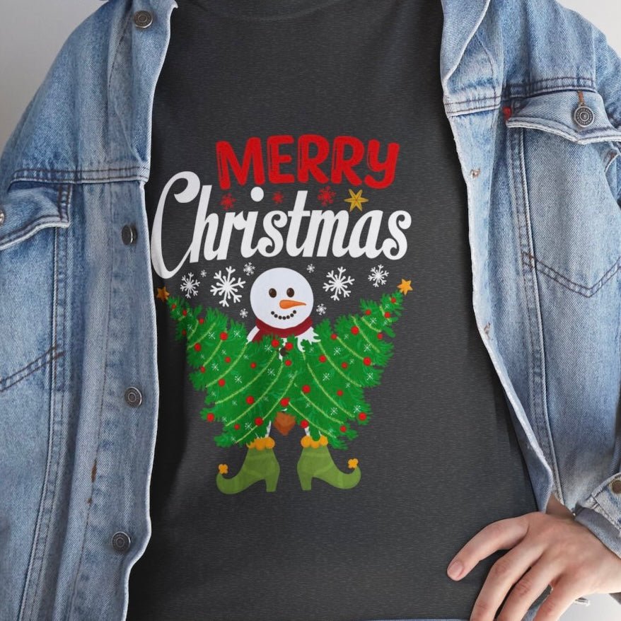 Merry Christmas Snowman Tree Graphic Tee - Bold Printed Tees