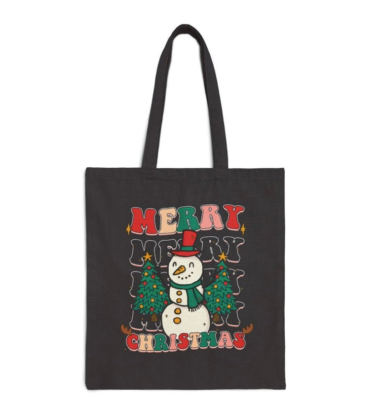 Merry Merry Merry Christmas Snowman Holiday Tote Bag - Bold Printed Tees