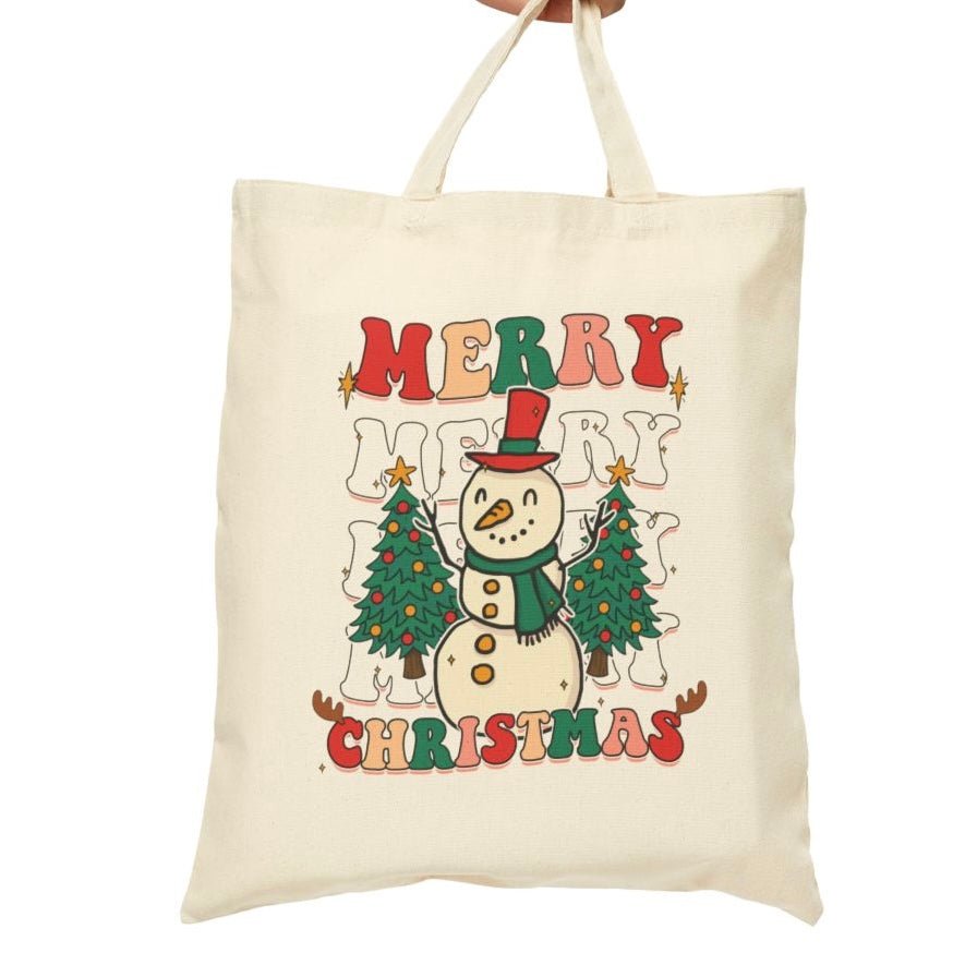 Merry Merry Merry Christmas Snowman Holiday Tote Bag - Bold Printed Tees