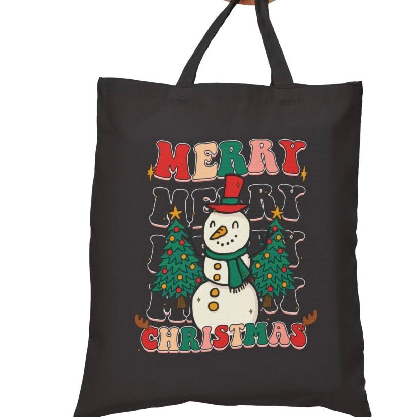 Merry Merry Merry Christmas Snowman Holiday Tote Bag - Bold Printed Tees