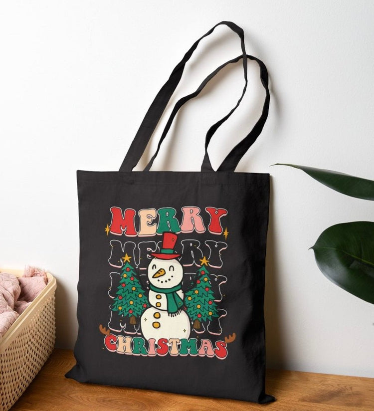 Merry Merry Merry Christmas Snowman Holiday Tote Bag - Bold Printed Tees