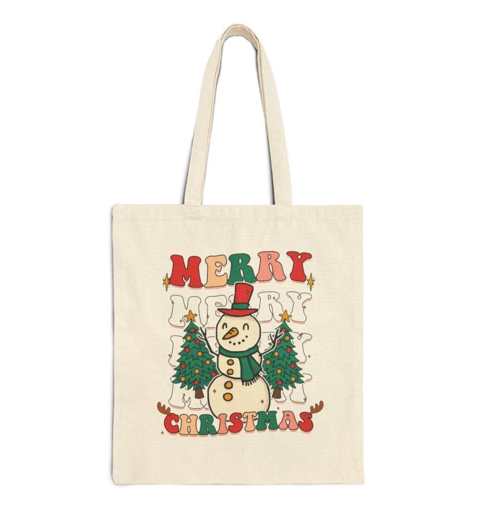 Merry Merry Merry Christmas Snowman Holiday Tote Bag - Bold Printed Tees