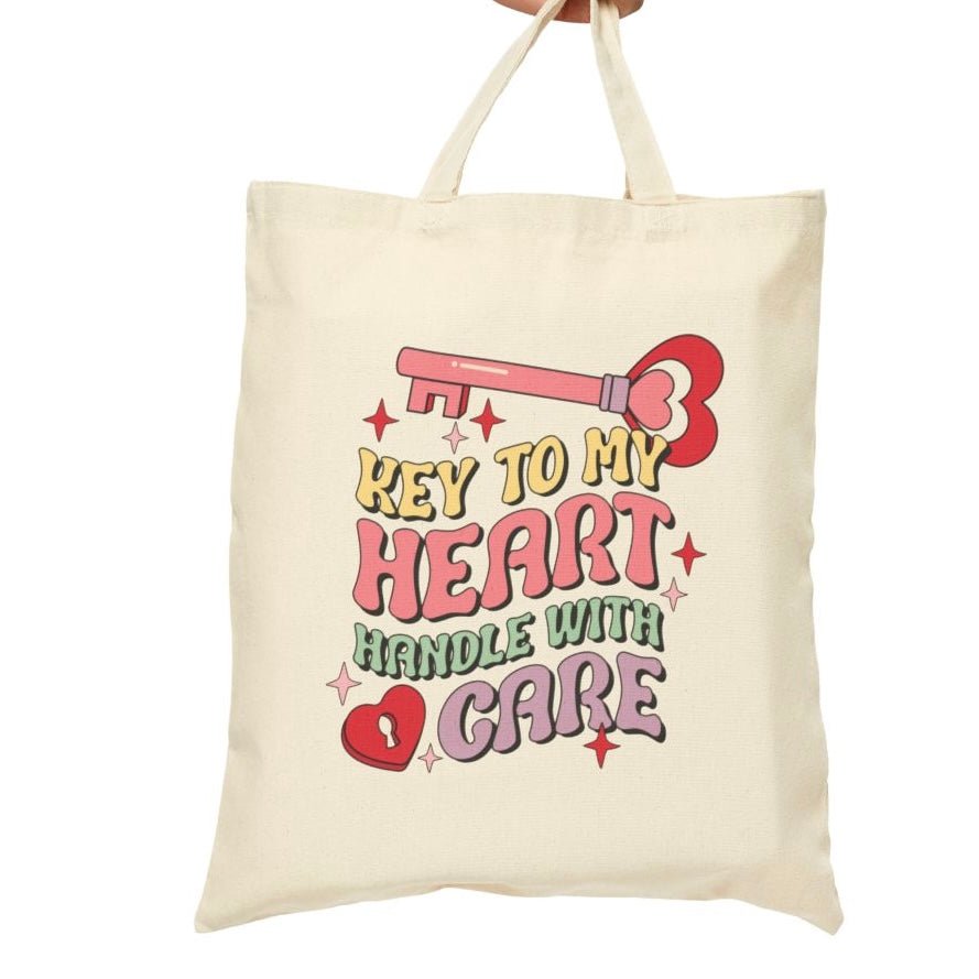 Key to My Heart Handle With Care Cute Valentine Tote Bag - Bold Printed Tees