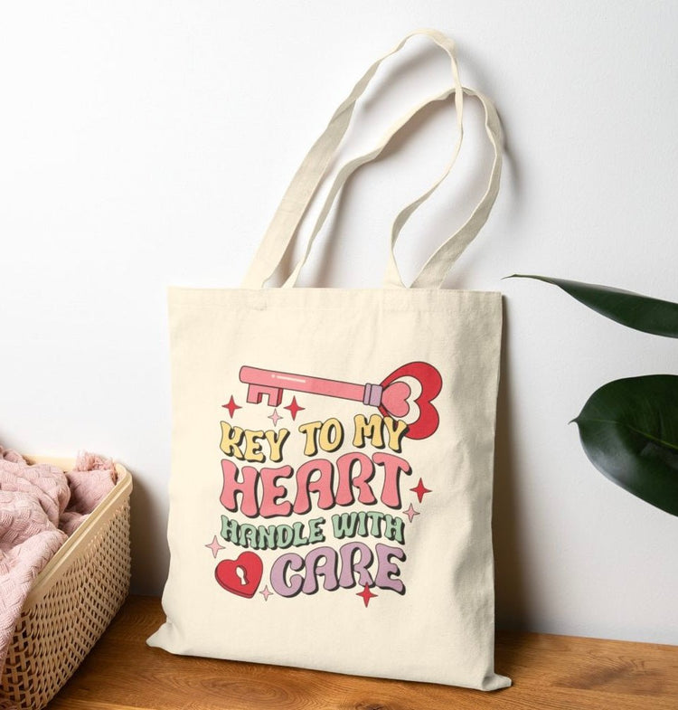 Key to My Heart Handle With Care Cute Valentine Tote Bag - Bold Printed Tees