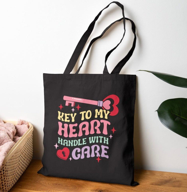 Key to My Heart Handle With Care Cute Valentine Tote Bag - Bold Printed Tees