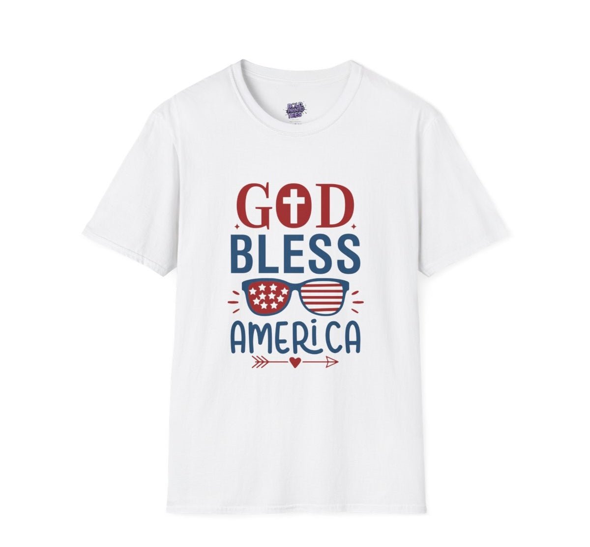 God Bless America T-Shirt — Patriotic Christian Tee with Cross & Flag Graphics - Bold Printed Tees