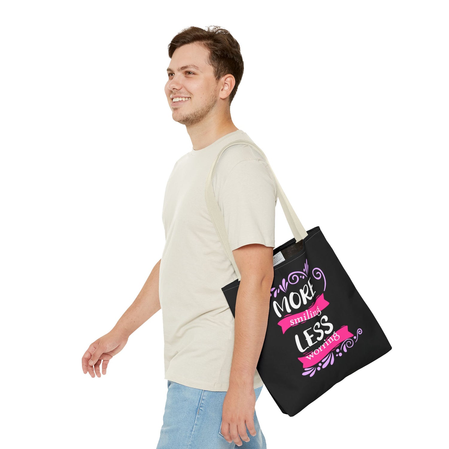 More Smiling Less Worrying Tote Bag - Bold Printed Tees