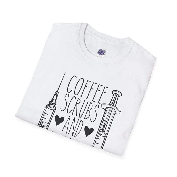 Coffee Scrubs and Rubber Gloves T-Shirt Funny Nurse Humor Tee, Medical Staff Gift, Healthcare Worker Shirt - Bold Printed Tees