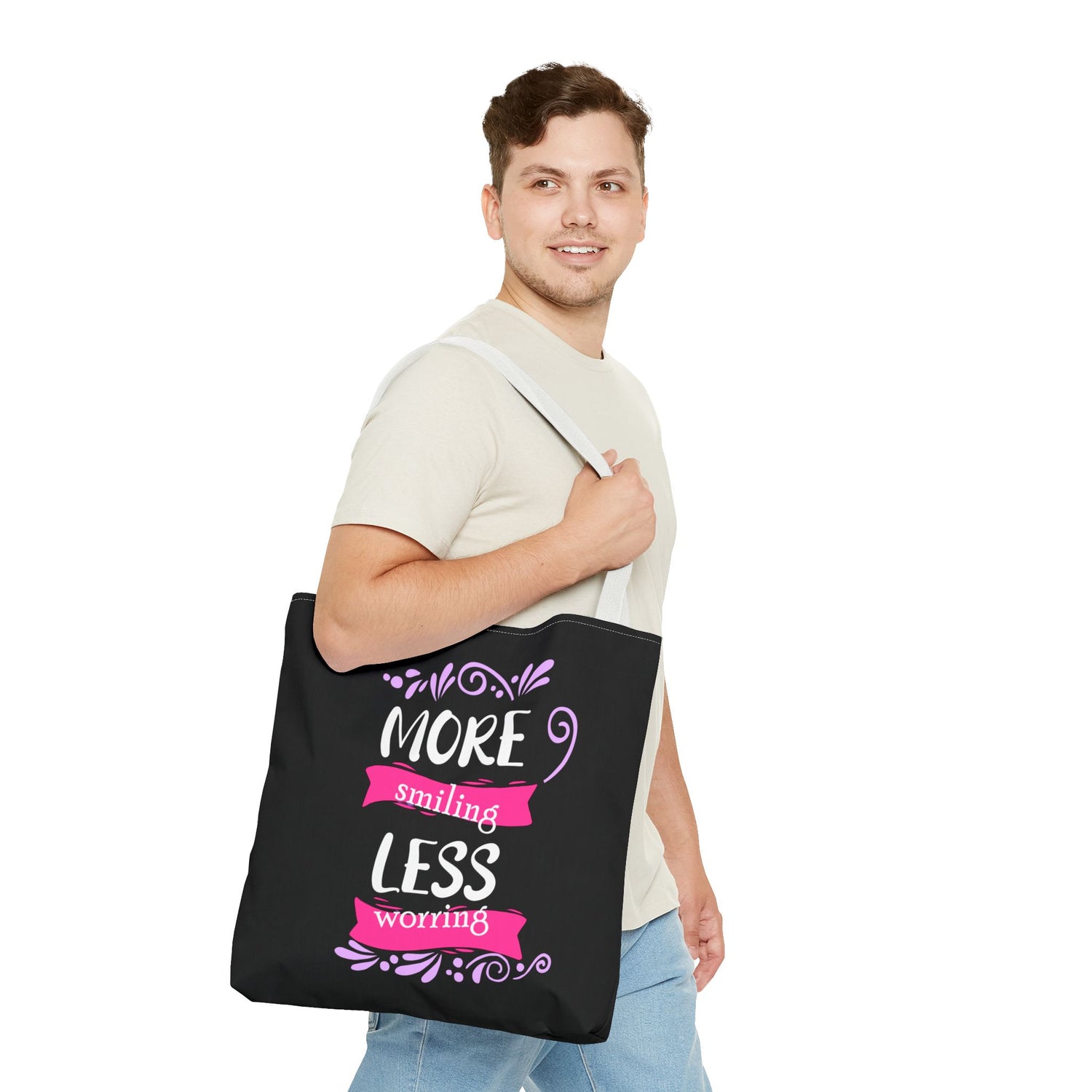 More Smiling Less Worrying Tote Bag - Bold Printed Tees