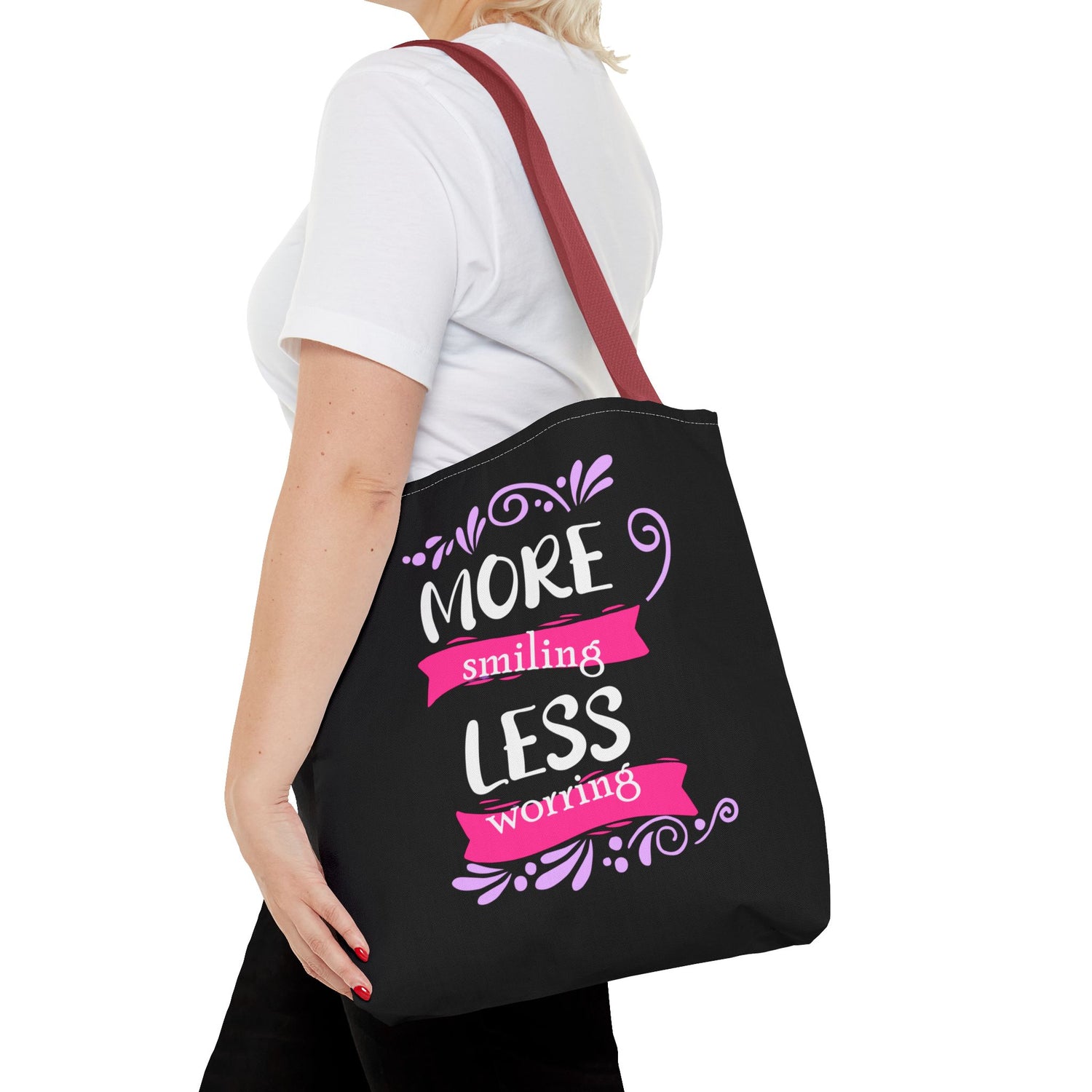 More Smiling Less Worrying Tote Bag - Bold Printed Tees