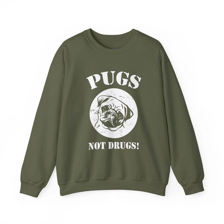 Pugs Not Drugs Sweatshirt Funny Dog Lover Crewneck, Cute Pug Graphic Pullover, Unisex Heavy Blend Sweater - Bold Printed Tees