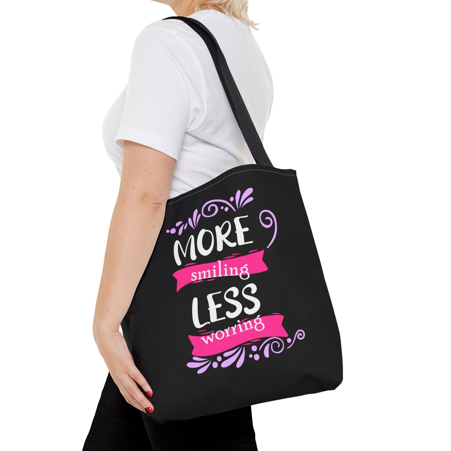 More Smiling Less Worrying Tote Bag - Bold Printed Tees