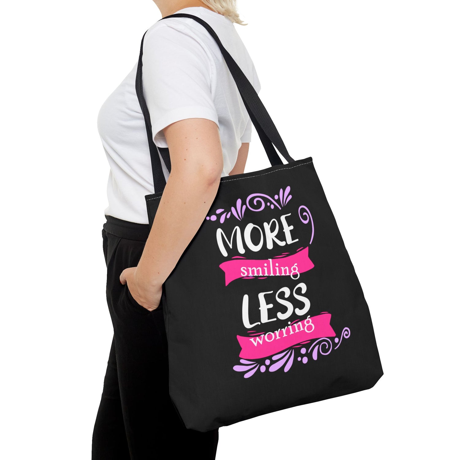 More Smiling Less Worrying Tote Bag - Bold Printed Tees