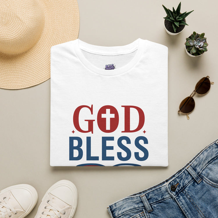 God Bless America T-Shirt — Patriotic Christian Tee with Cross & Flag Graphics - Bold Printed Tees