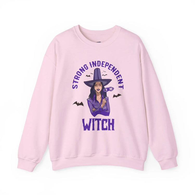 Strong Independent Witch Crewneck Sweatshirt | Halloween Cozy Graphic Pullover - Bold Printed Tees