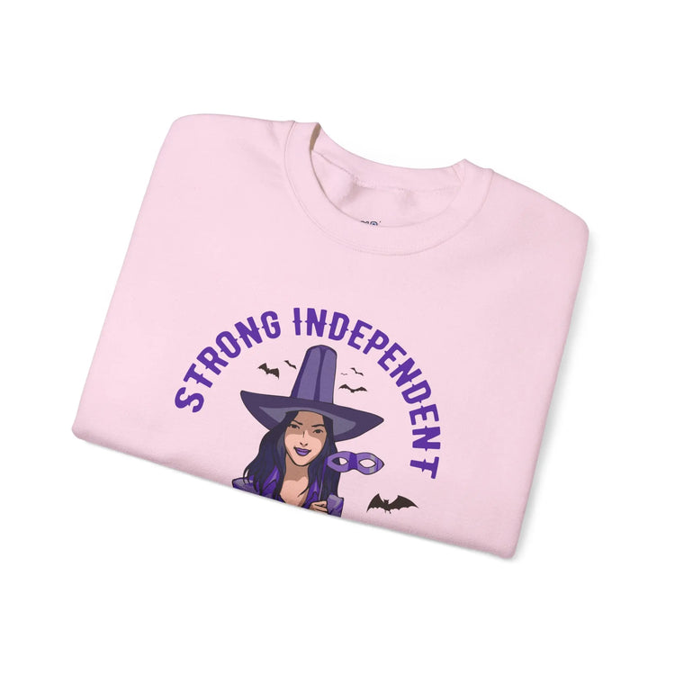 Strong Independent Witch Crewneck Sweatshirt | Halloween Cozy Graphic Pullover - Bold Printed Tees